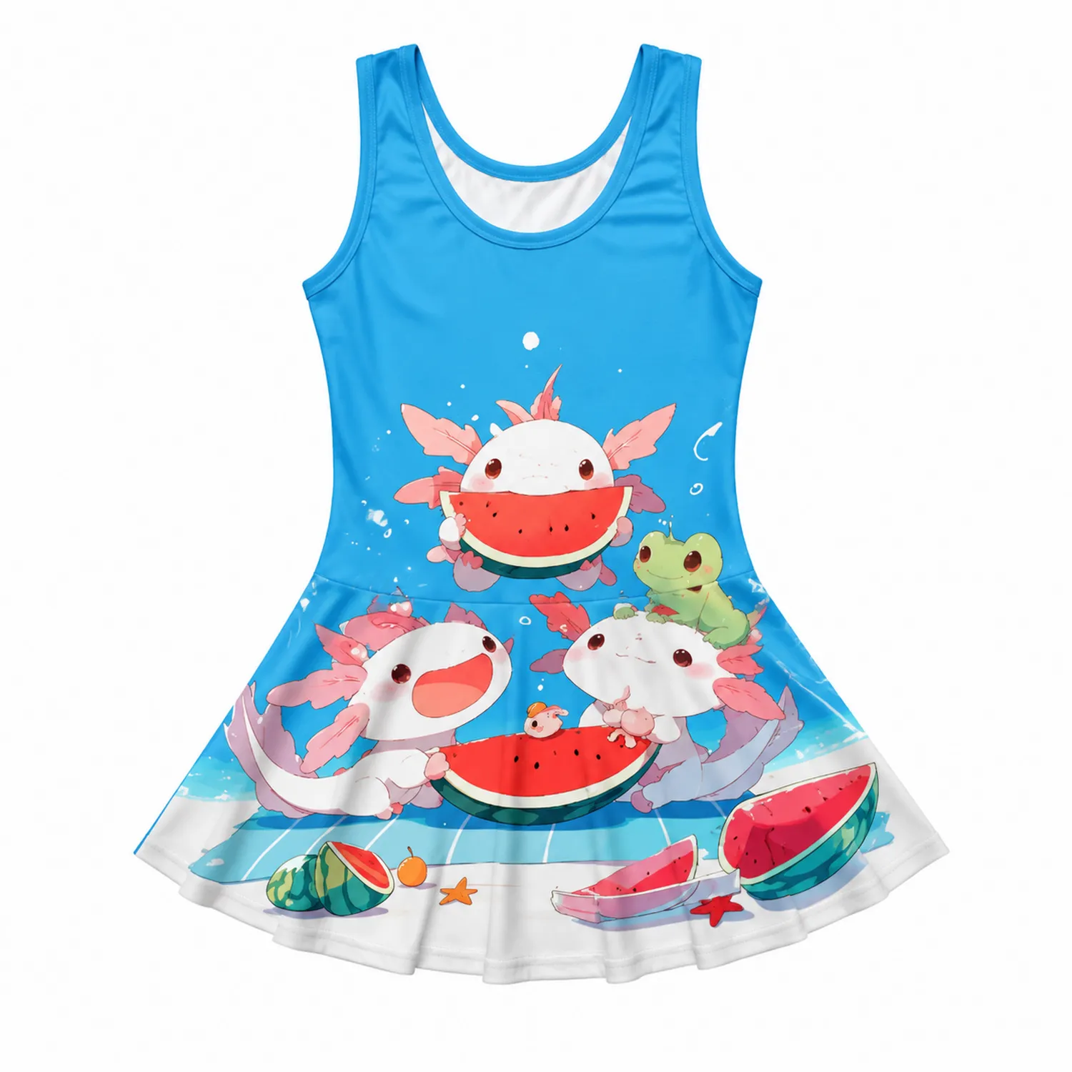 Maillot de Bain Fille Une Pièce Motif Axolotl et Pastèque avec Jupe