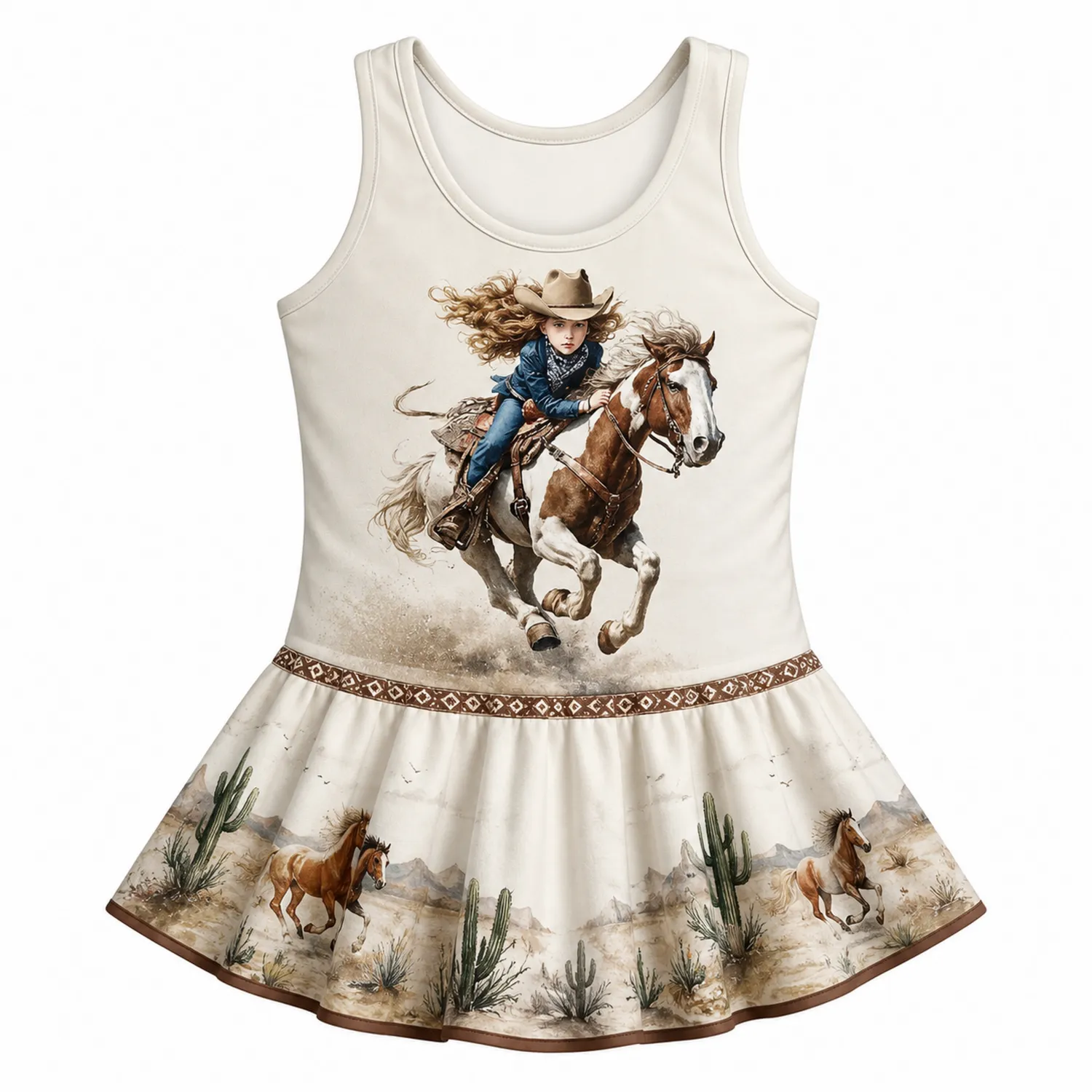 Maillot de Bain Fille Imprimé Cavalière Western avec Jupe