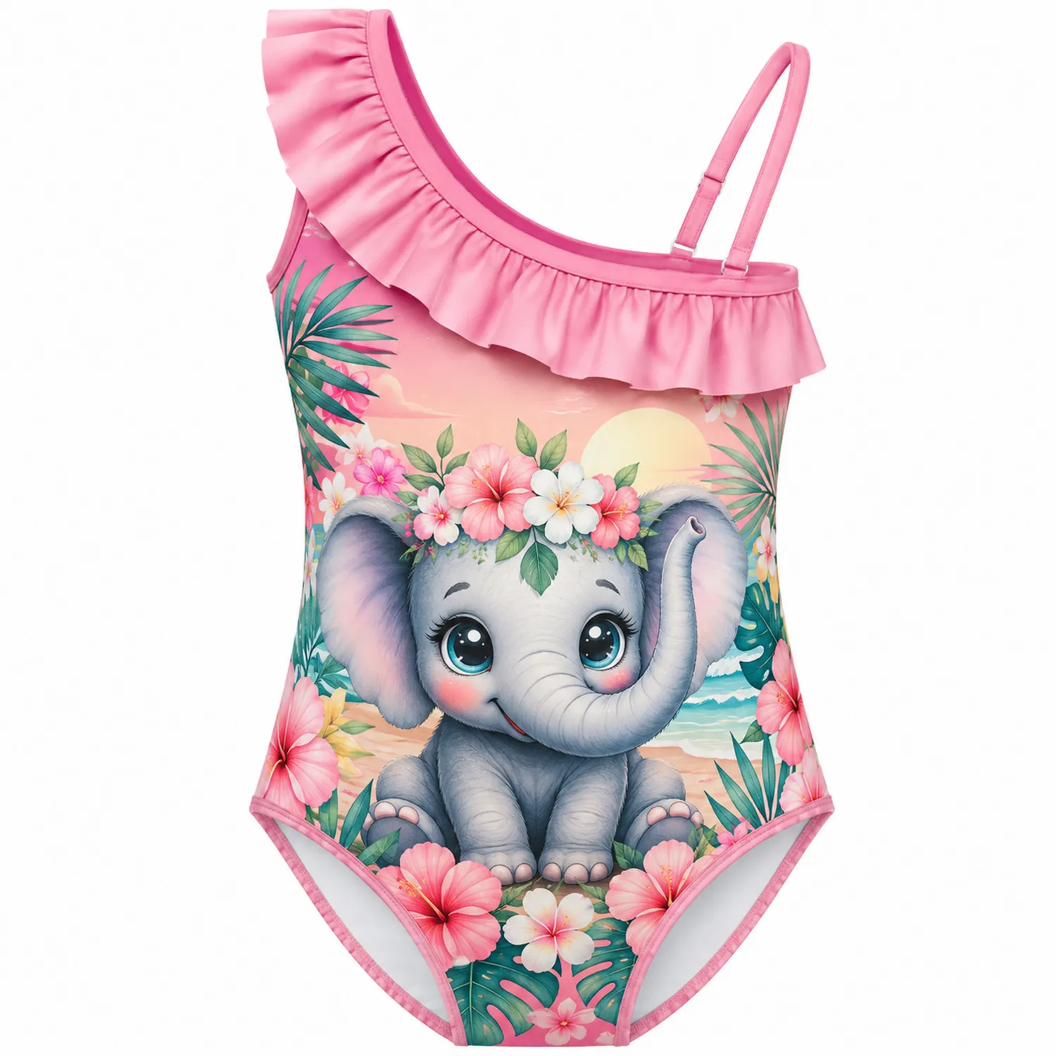 Maillot de Bain Fille Une Épaule Éléphant Fleur