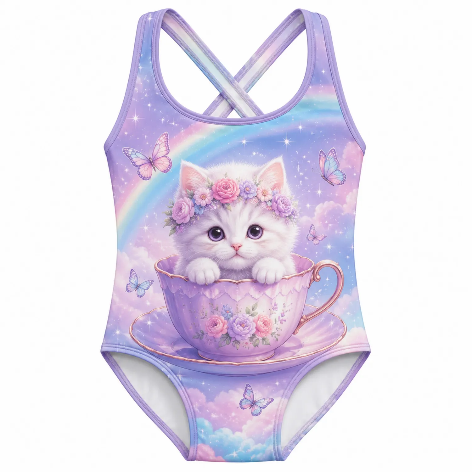 Maillot de Bain Fille Chat Arc-en-Ciel Une Pièce Dos Croisé