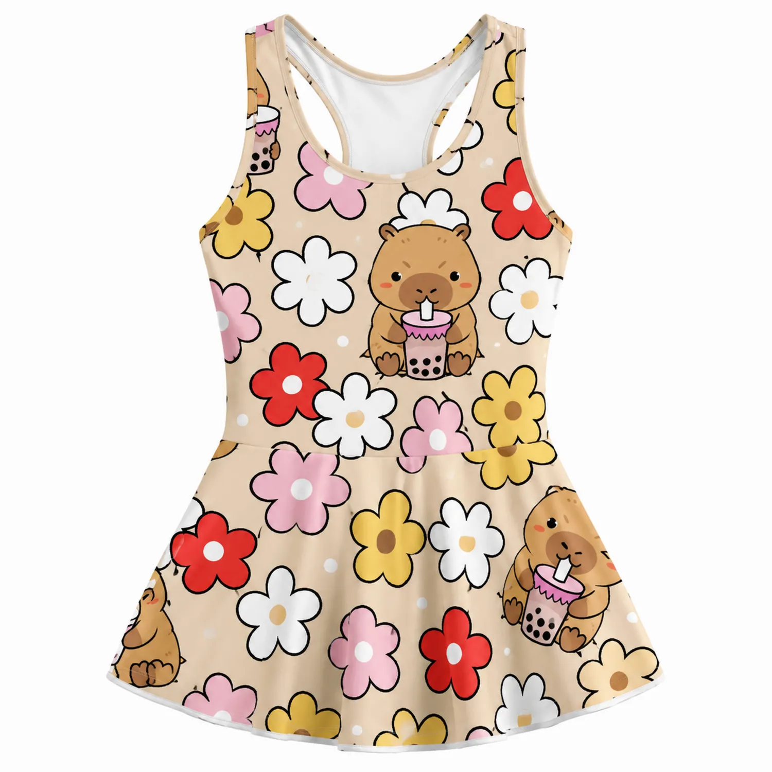 Maillot de Bain Fille Capybara Bubble Tea Fleurs