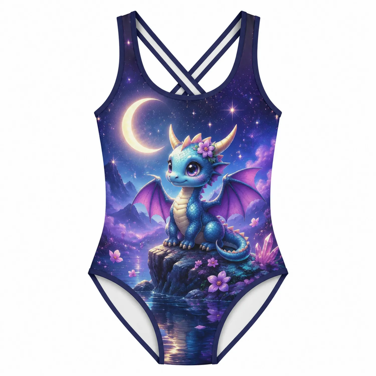Maillot de Bain Une Pièce Enfant Fille Imprimé Dragon Lune
