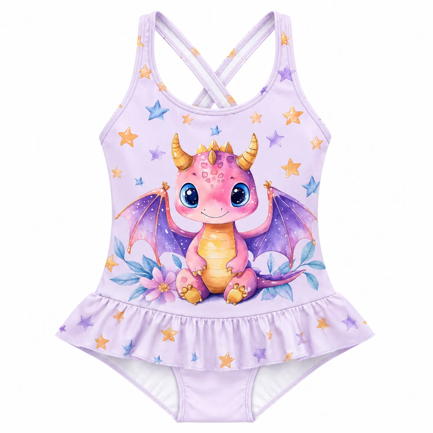Maillot de Bain Une Pièce Fille avec Motif Dragon Étoiles