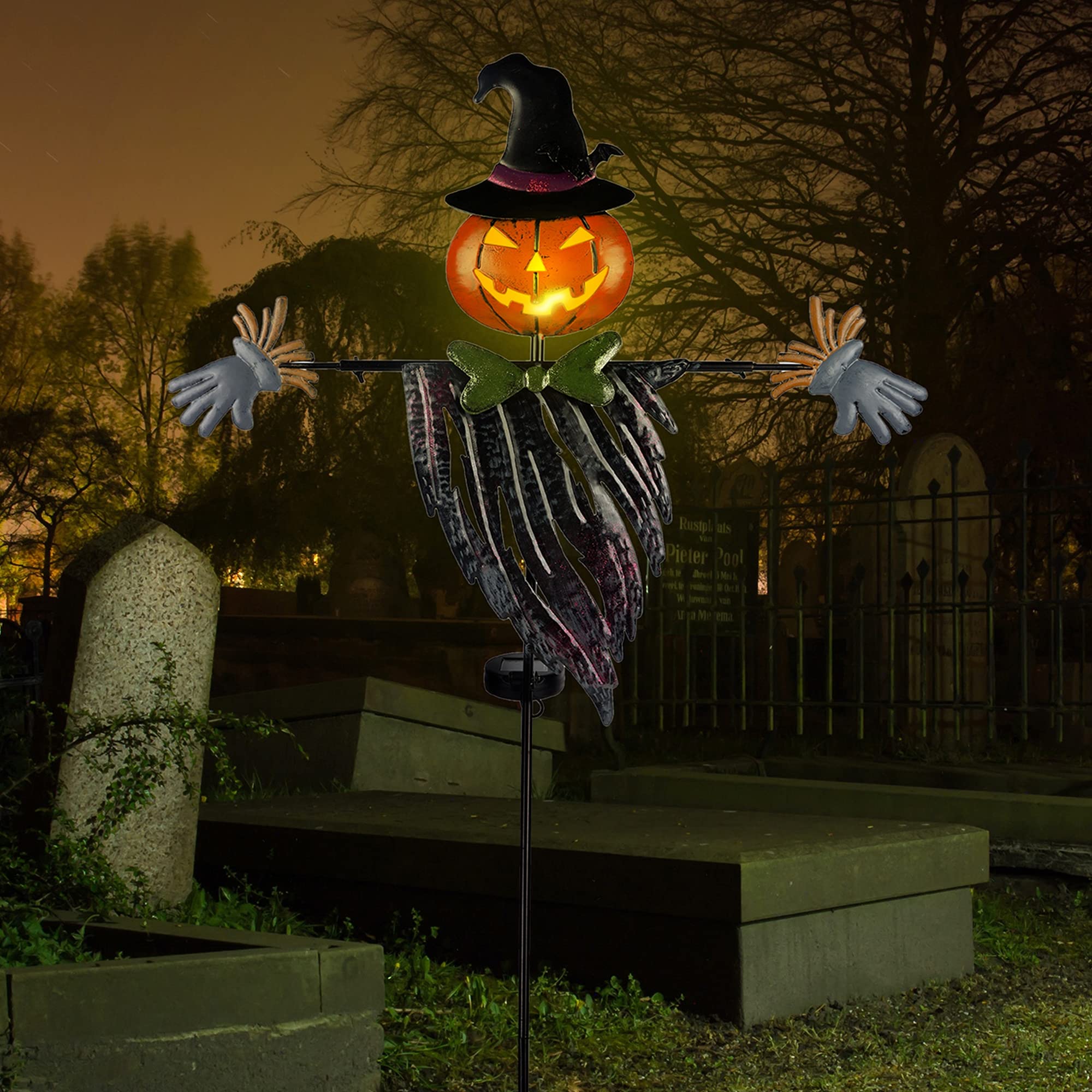 Halloween Solar Powered Pumpkin Hair Light Up Scarecrow Metal Ground Stakes