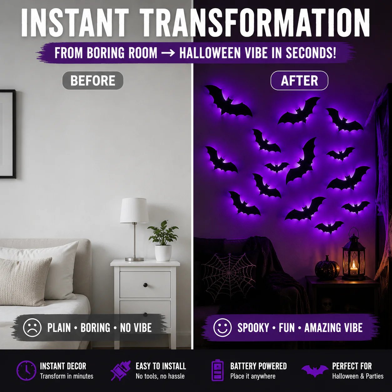 Wall before and after adding lighted Halloween bat decorations