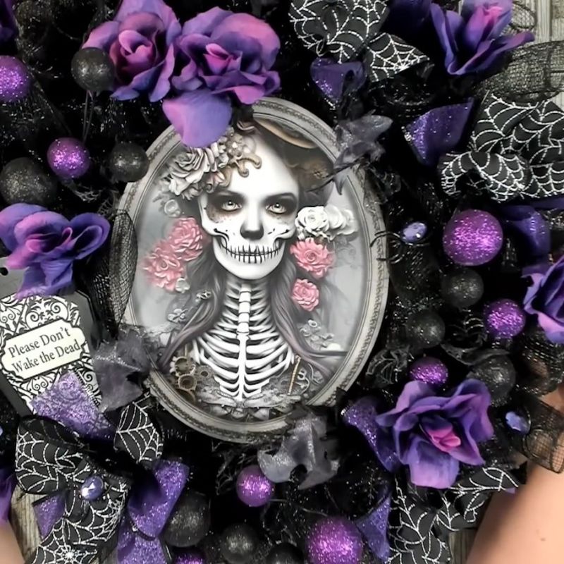 Steampunk Halloween Wreath with Femme Skeleton Portrait