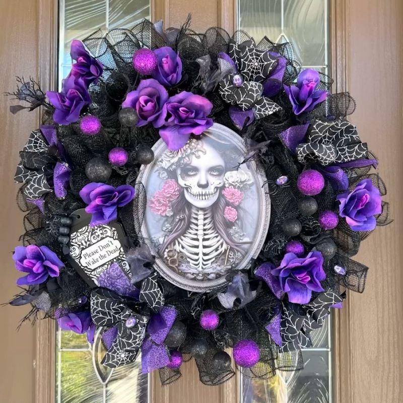 Steampunk Halloween Wreath with Femme Skeleton Portrait