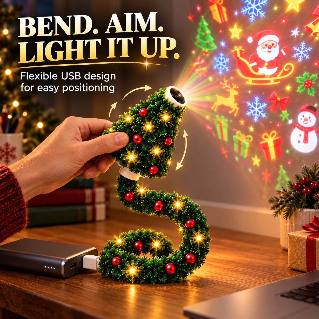 Flexible gooseneck Christmas projector connected to USB power