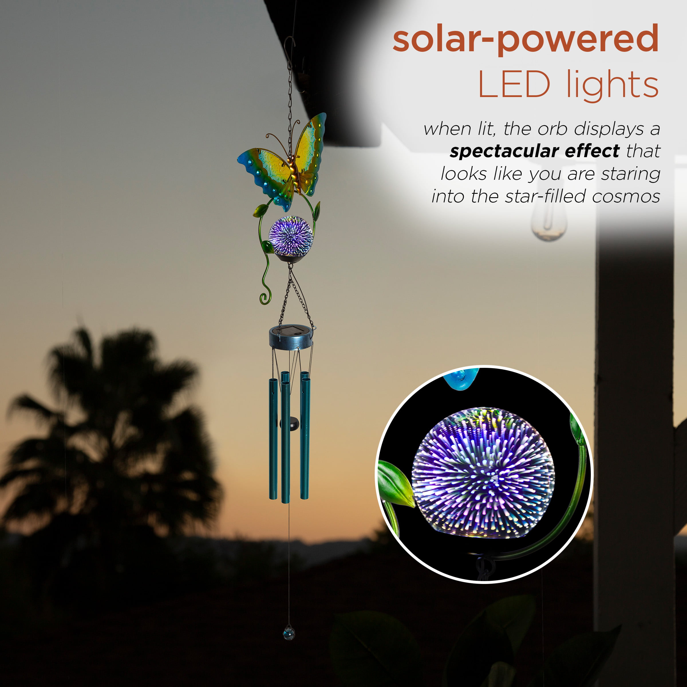 44" Hanging Outdoor Butterfly Metal Wind Chime, Solar-Powered LED