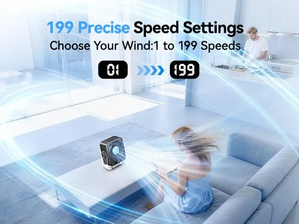 KIMMOO Desk Cooling Fan for Bedroom, 199 Speed Turbo Airflow, Digital Display Quiet Table Fan, 270° Rotatable Small Rechargeable Desktop Fan for Home Office