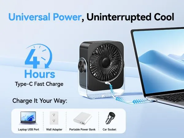 KIMMOO Desk Cooling Fan for Bedroom, 199 Speed Turbo Airflow, Digital Display Quiet Table Fan, 270° Rotatable Small Rechargeable Desktop Fan for Home Office