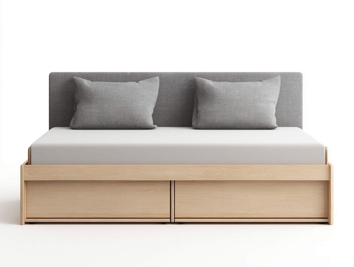 Doppelbett 206x165x95 cm - Holzwerkstoff und Stoffbezug - Eichefarben-Grau - mit 2 Schubladen - modernes Design-Zimiyloft