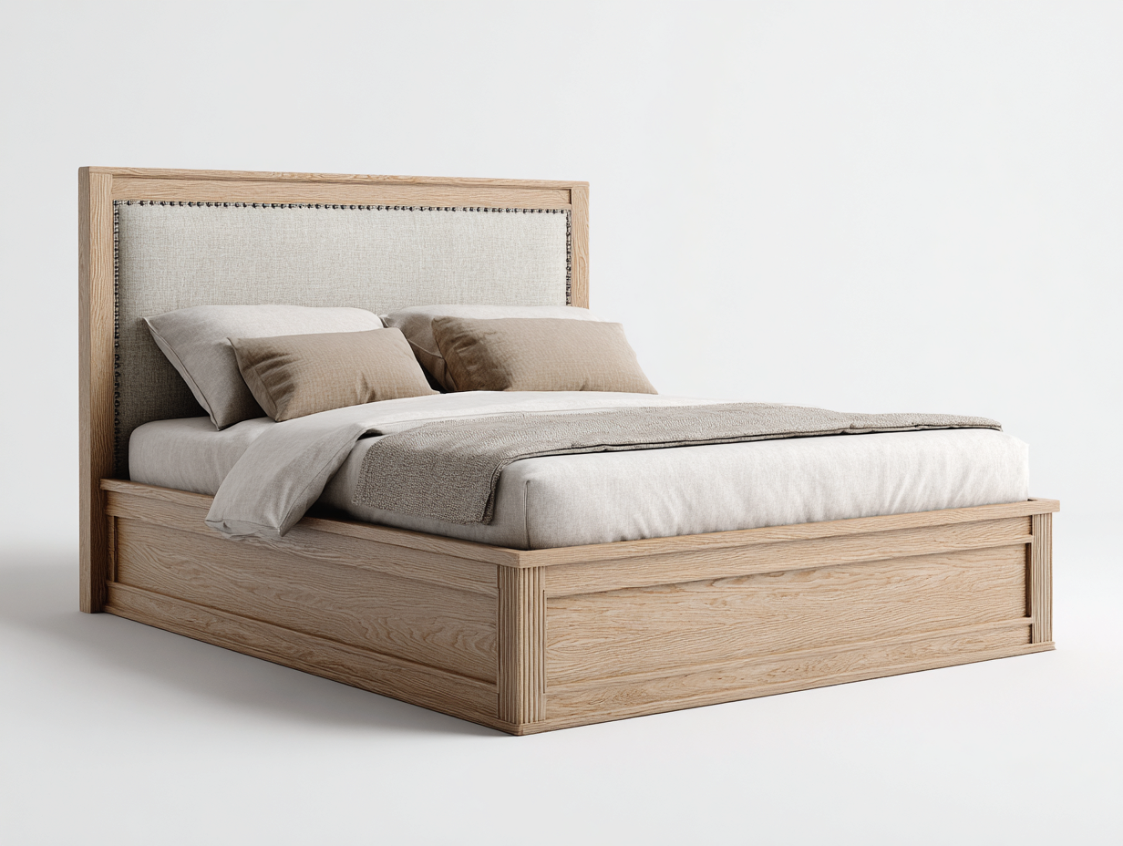 Doppelbett aus Holz und Stoff 212x172x120 cm - Eichefarben-Beige - mit gepolstertem Kopfteil - modernes Design-Zimiyloft