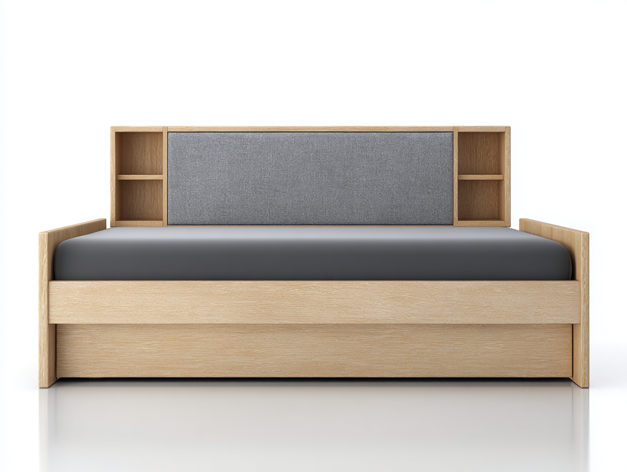 Einzelbett aus Holzwerkstoff 205x95x100 cm - Eichefarben-Grau - mit gepolstertem Kopfteil und Ablagefächern - modernes Design-Zimiyloft