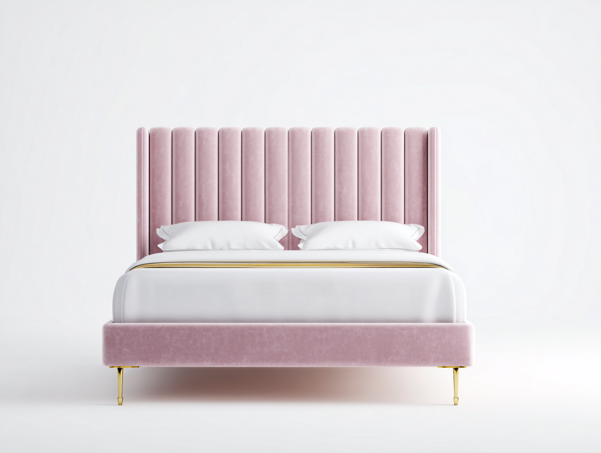 Doppelbett aus Samtstoff 210x180x125 cm - Rosa-Gold - mit hohem gepolstertem Kopfteil - modernes Design-Zimiyloft