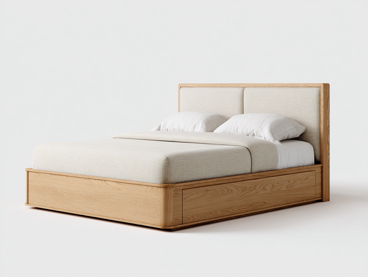 Doppelbett Holz und Stoff 215 x 178 x 112 cm - Naturholz-Cremeweiß - für Schlafzimmer im modernen Stil-Zimiyloft