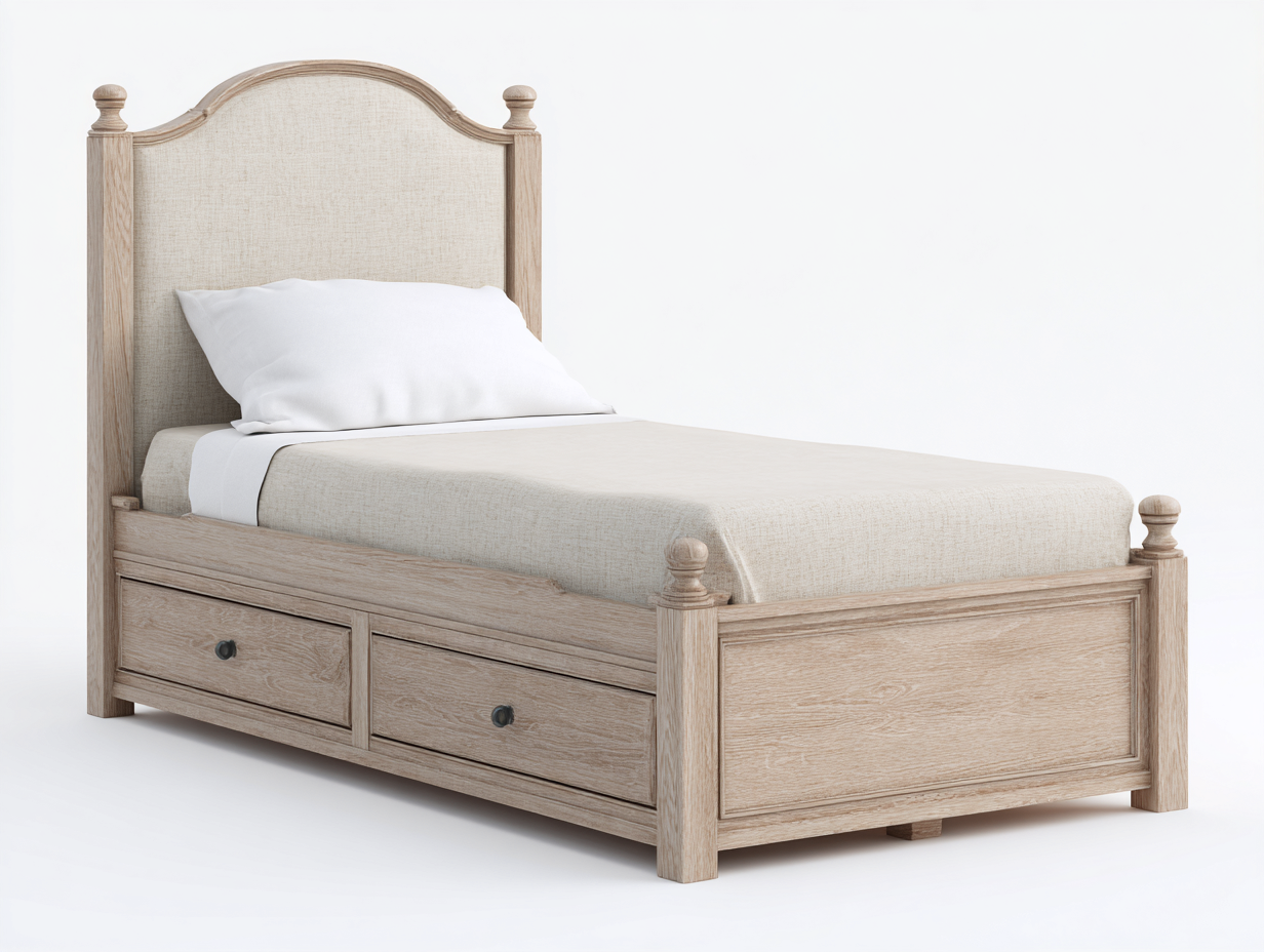 Einzelbett aus Holz und Stoff 205x100x120 cm in Natur-Beige für Schlafzimmer - mit 2 Schubladen - klassisches Design-Zimiyloft