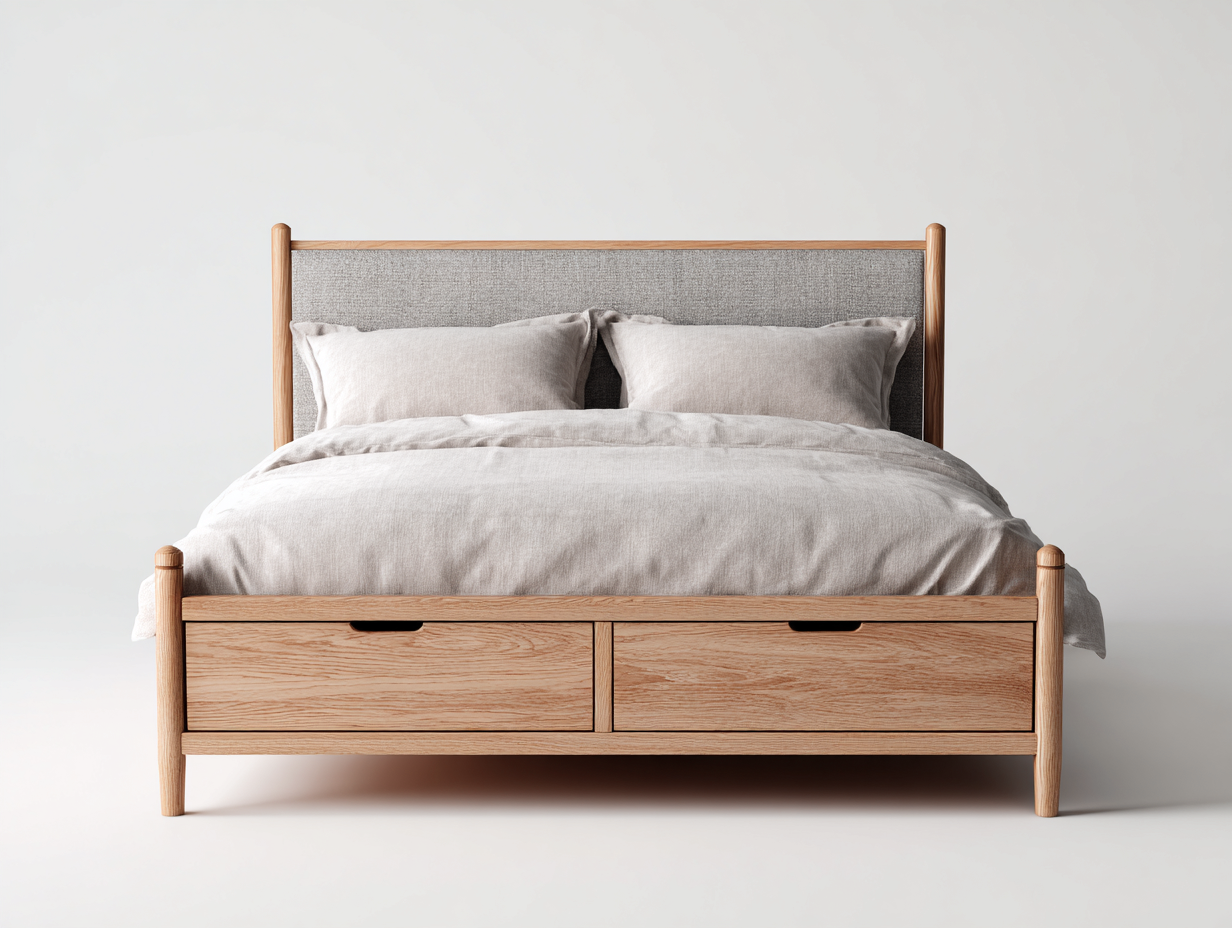 Doppelbett 212x188x102 cm - Holz und Stoff - Braun-Grau - mit 2 Schubladen - skandinavisches Design-Zimiyloft