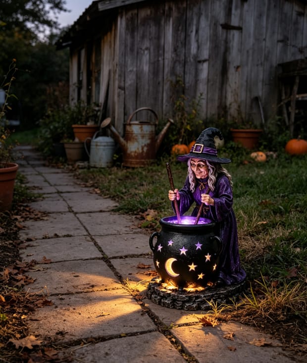 Customer's Halloween Witch Glowing Cauldron Solar Light in a garden, glowing with purple and amber light at dusk.