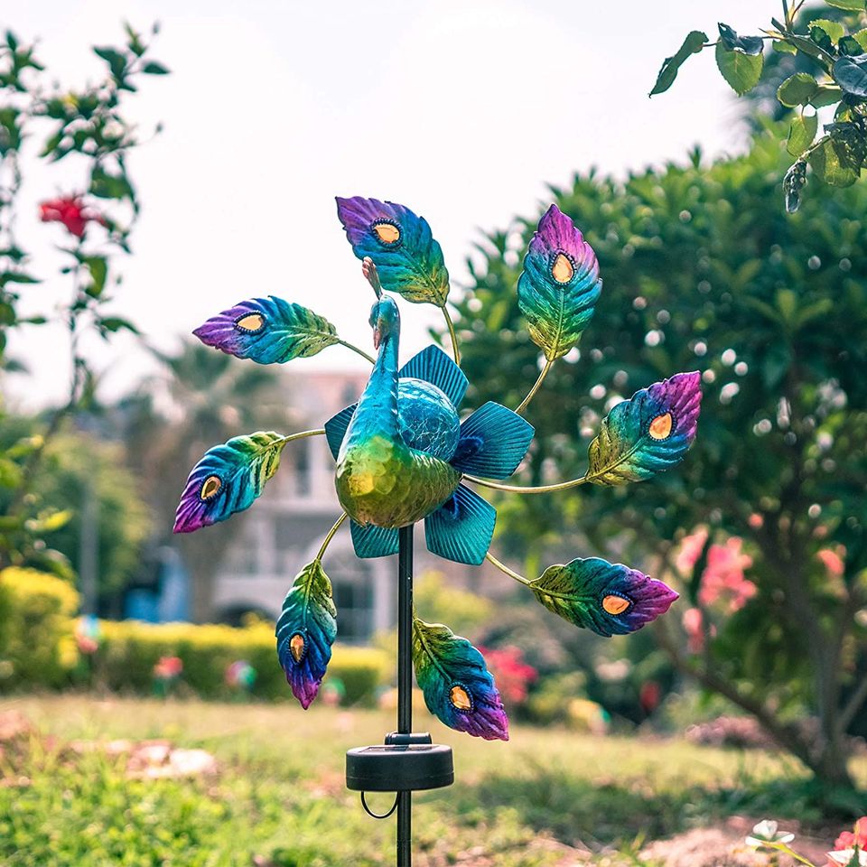 42.5" Peacock Windmill Solar Light Garden Art Decoration