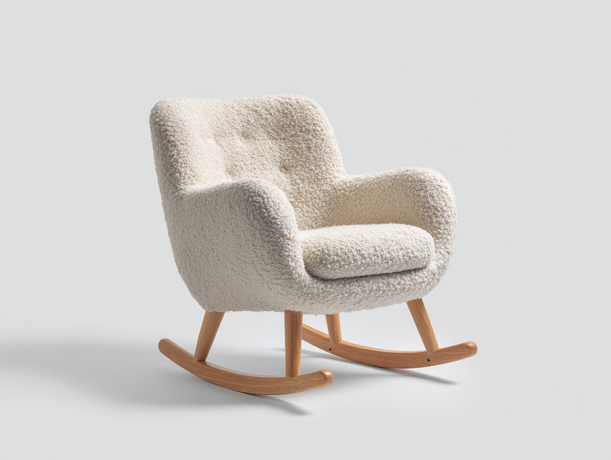 Schaukelstühle Boucléstoff-Holz 74x88x90 cm Cremeweiß - gepolsterter Relaxstuhl im skandinavischen Design-Ninaaloft
