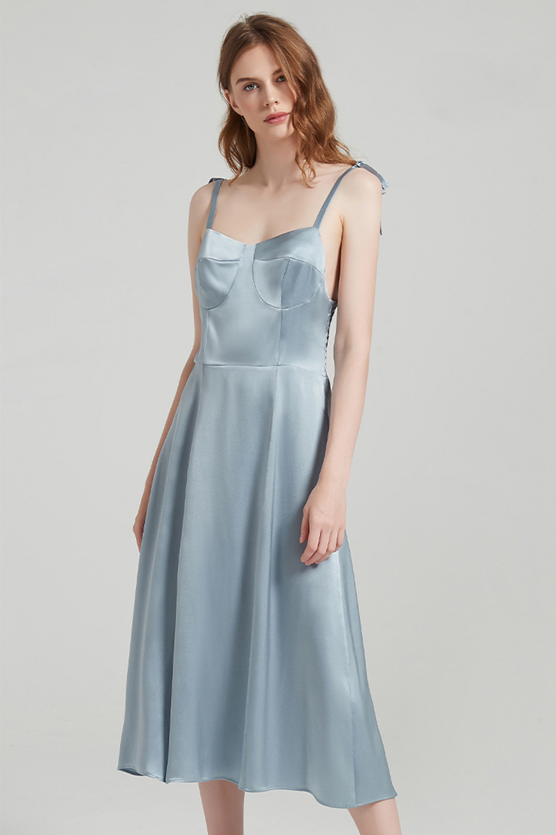 100% Mulberry Silk Slip Dress Elegant Waist Tie Split Nightgown