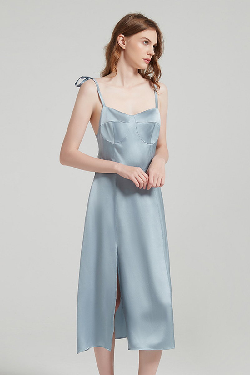 100% Mulberry Silk Slip Dress Elegant Waist Tie Split Nightgown