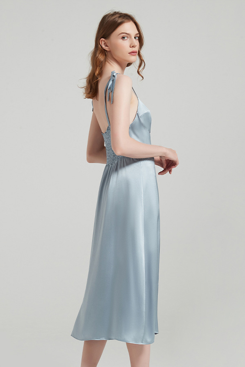 100% Mulberry Silk Slip Dress Elegant Waist Tie Split Nightgown