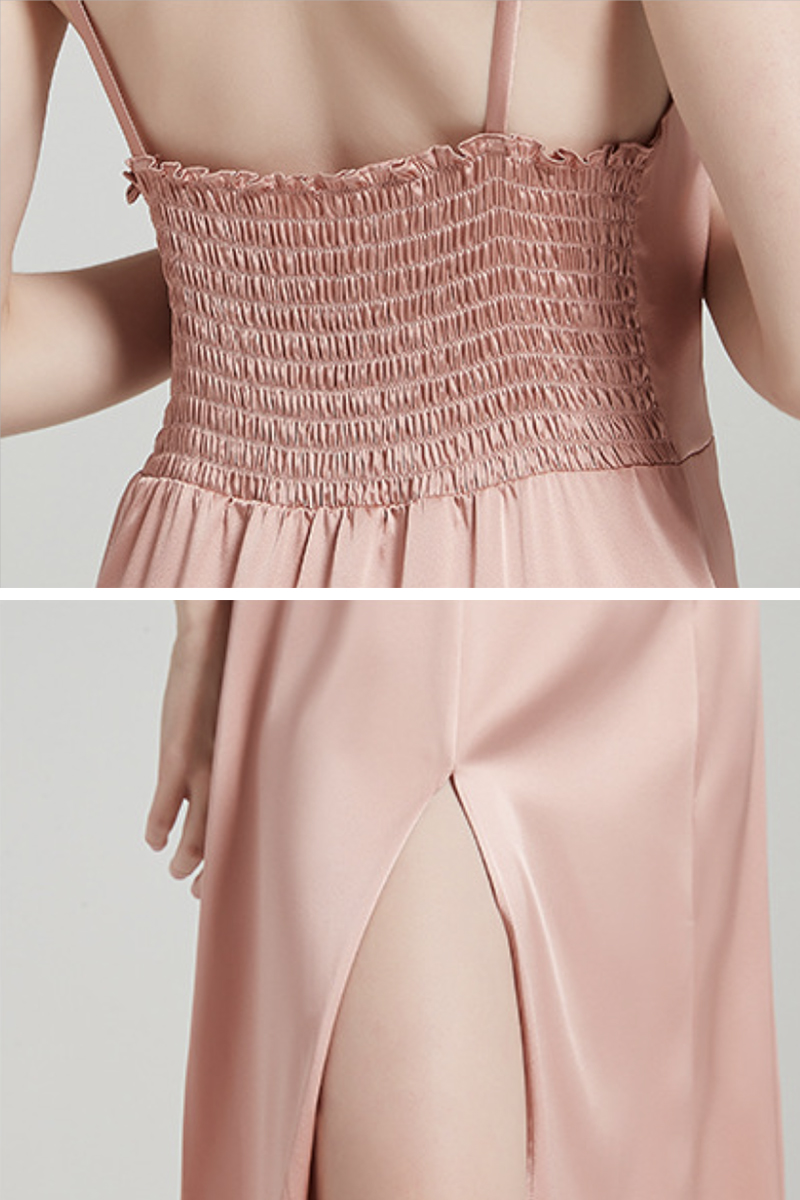 100% Mulberry Silk Slip Dress Elegant Waist Tie Split Nightgown