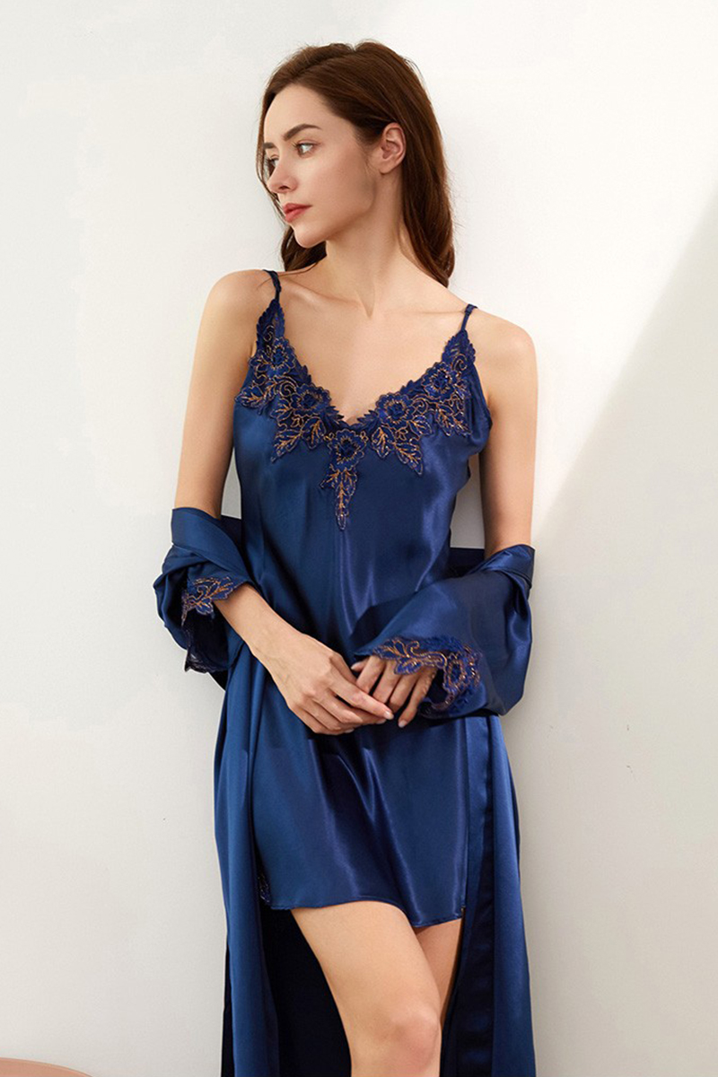 100% Mulberry Silk Lace Trim Nightgown & Robe Set Women Sleepwear