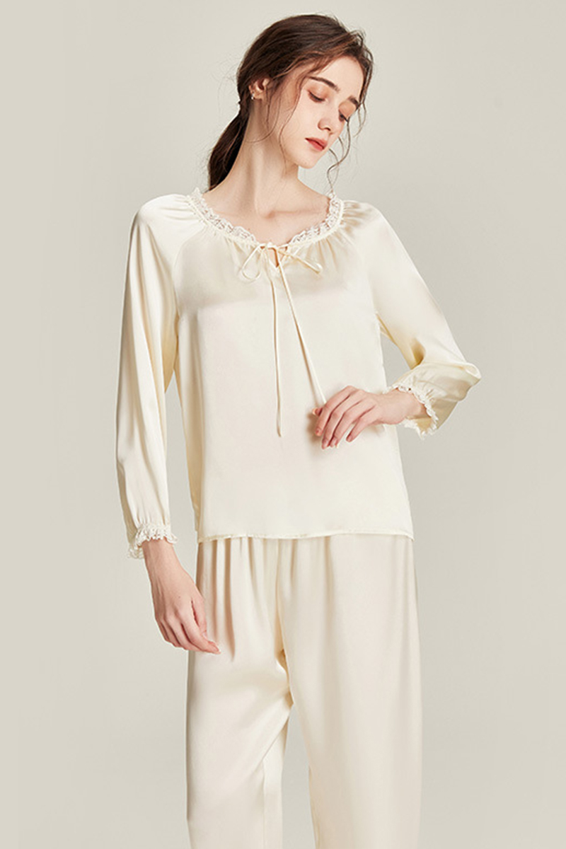 6A Grade 100% Mulberry Silk Long Sleeve Crew Neck Pajamas Set