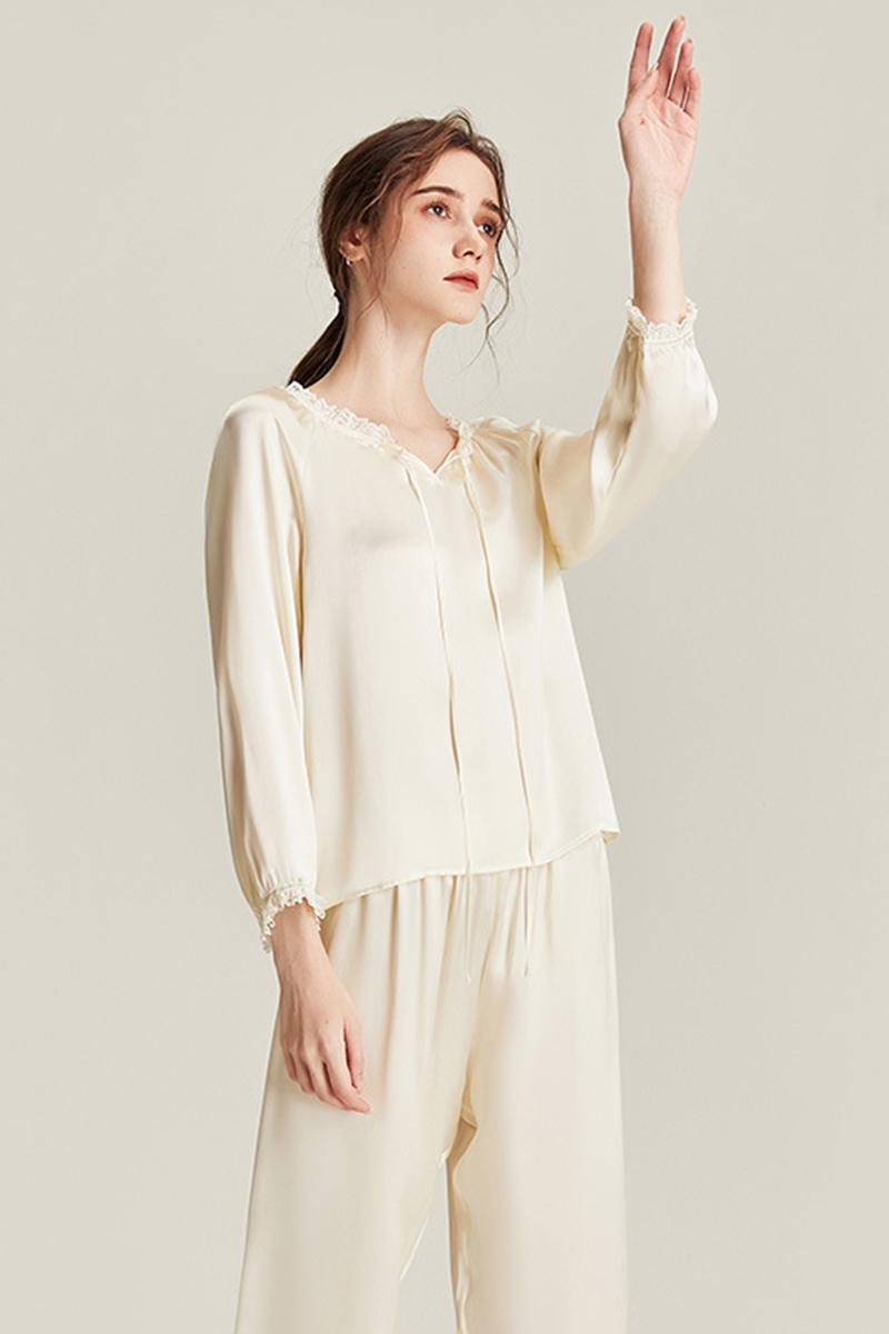 6A Grade 100% Mulberry Silk Long Sleeve Crew Neck Pajamas Set