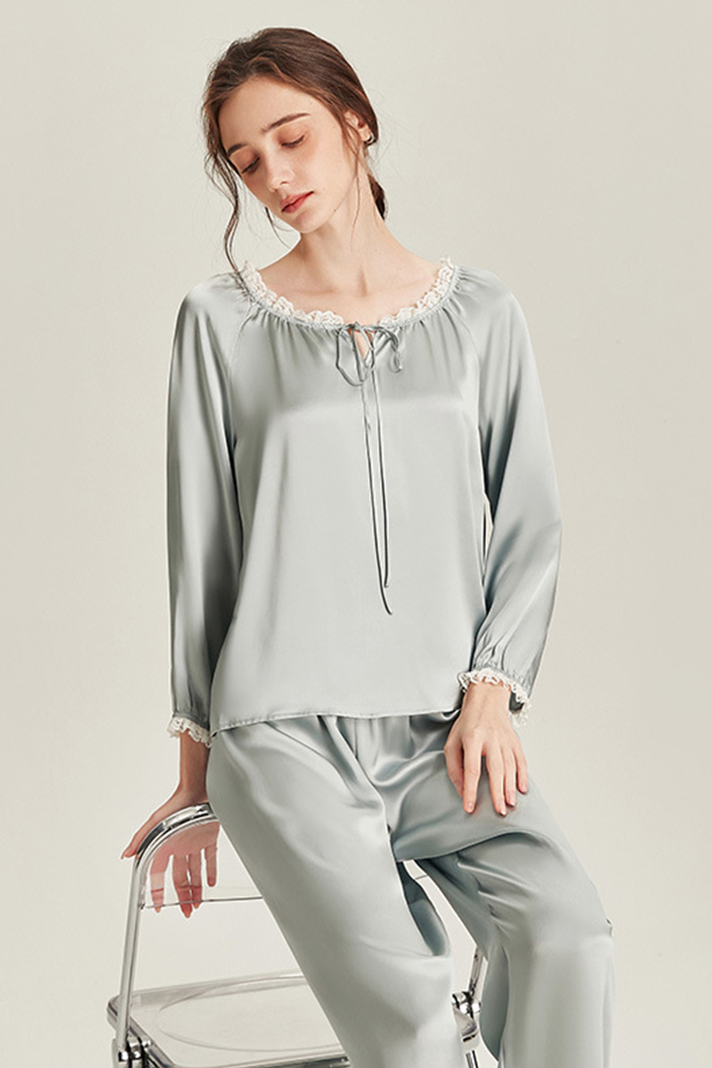6A Grade 100% Mulberry Silk Long Sleeve Crew Neck Pajamas Set