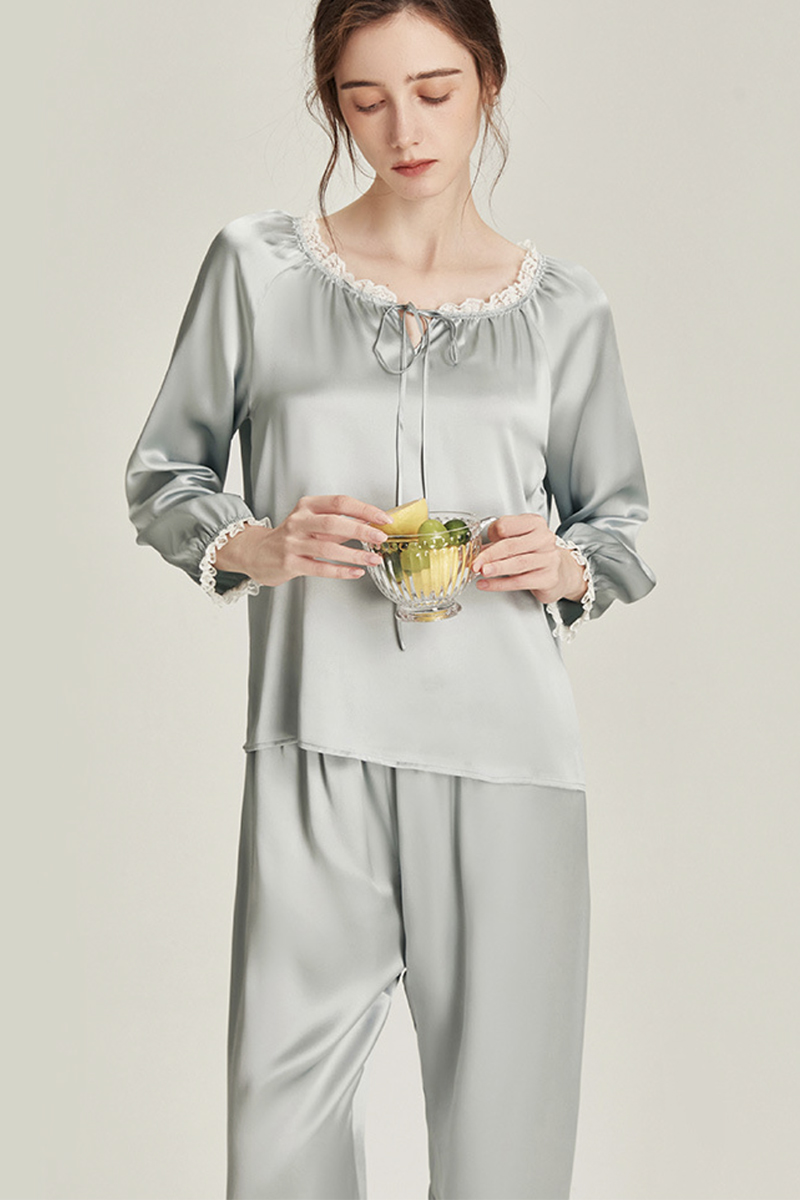 6A Grade 100% Mulberry Silk Long Sleeve Crew Neck Pajamas Set