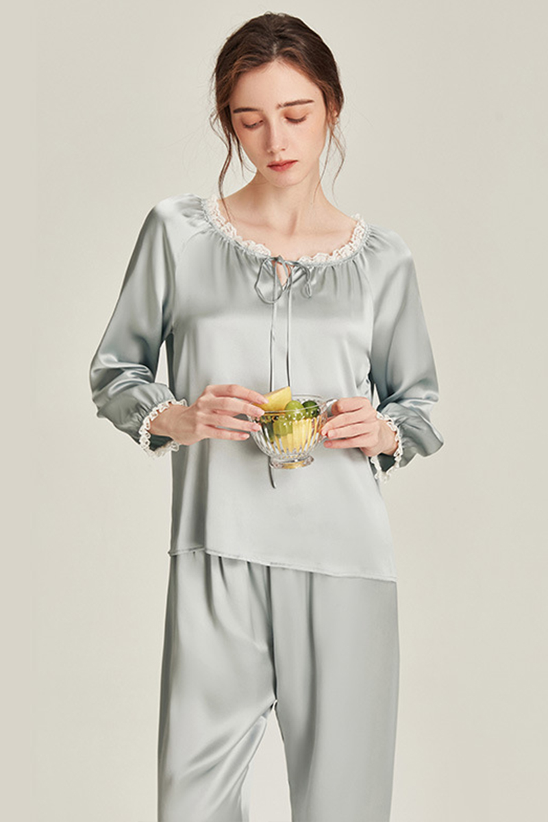 6A Grade 100% Mulberry Silk Long Sleeve Crew Neck Pajamas Set