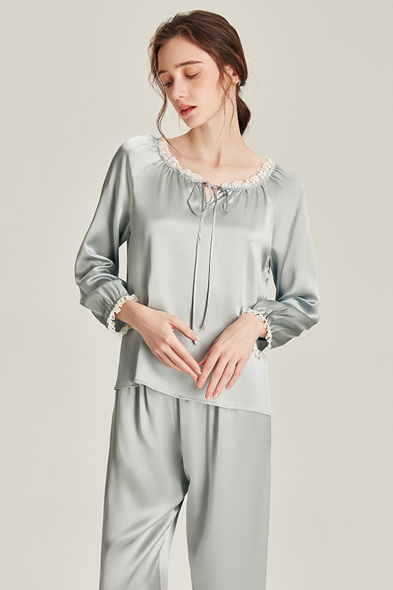 6A Grade 100% Mulberry Silk Long Sleeve Crew Neck Pajamas Set
