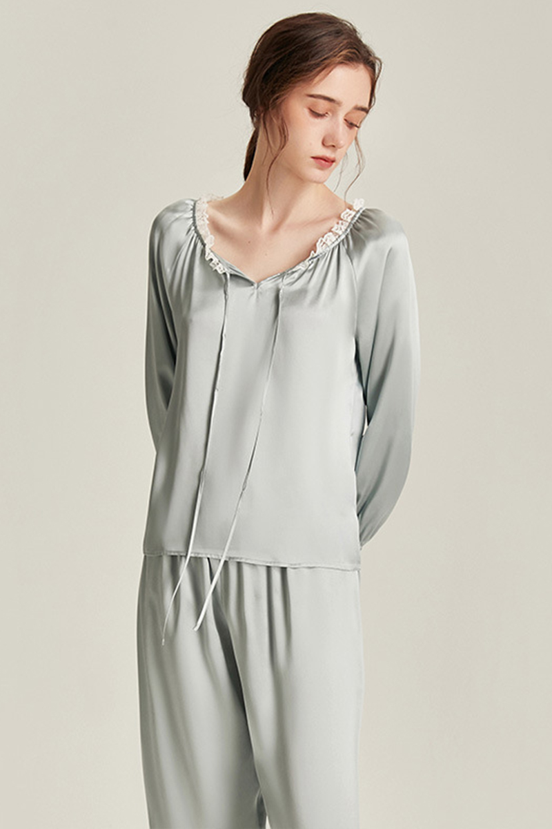 6A Grade 100% Mulberry Silk Long Sleeve Crew Neck Pajamas Set