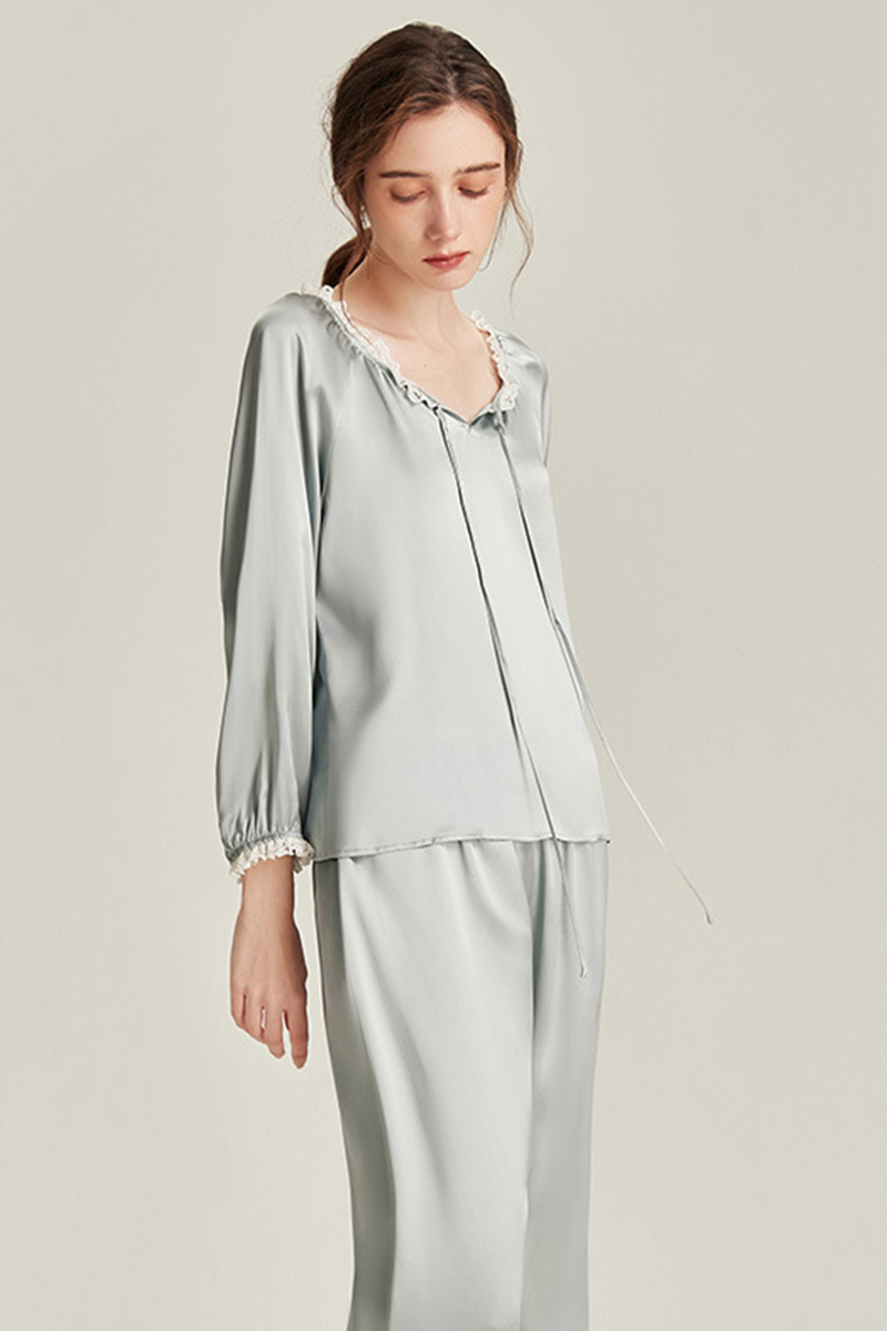 6A Grade 100% Mulberry Silk Long Sleeve Crew Neck Pajamas Set