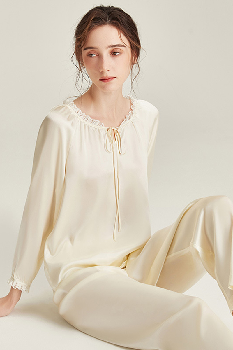 6A Grade 100% Mulberry Silk Long Sleeve Crew Neck Pajamas Set
