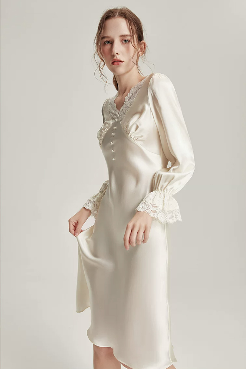 19 Momme Mulberry Silk Nightgown White Lace Patchwork Sleep Dress