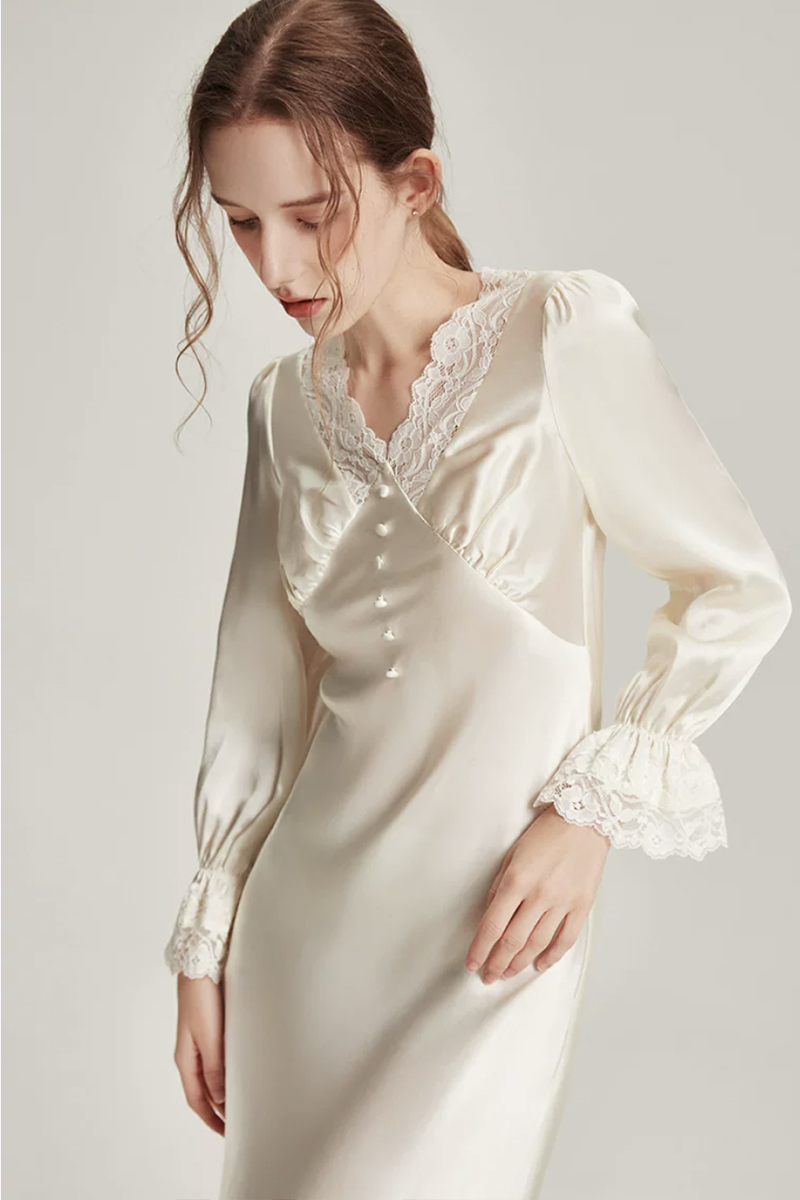 19 Momme Mulberry Silk Nightgown White Lace Patchwork Sleep Dress
