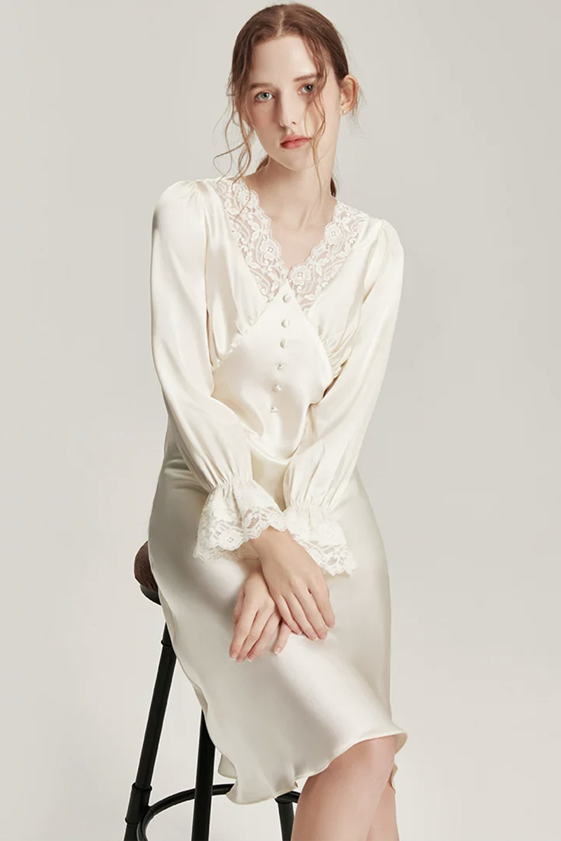 19 Momme Mulberry Silk Nightgown White Lace Patchwork Sleep Dress