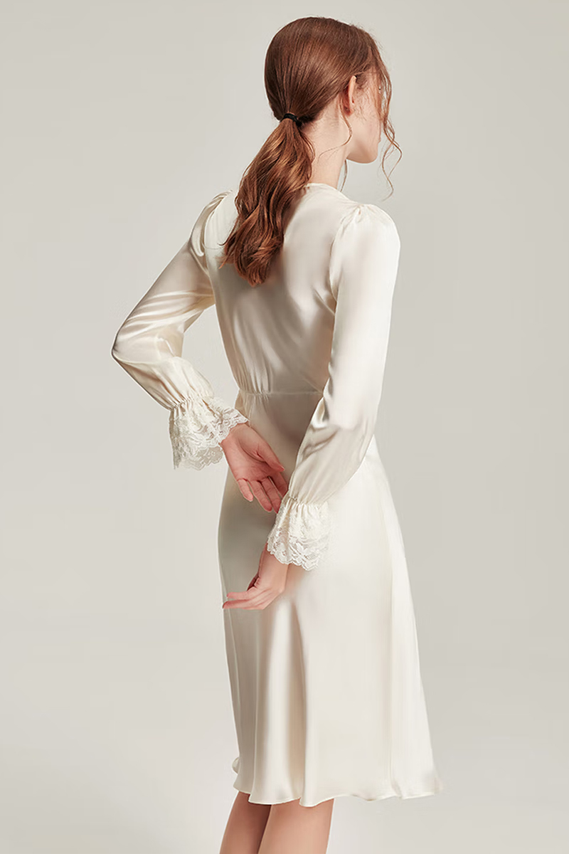 19 Momme Mulberry Silk Nightgown White Lace Patchwork Sleep Dress