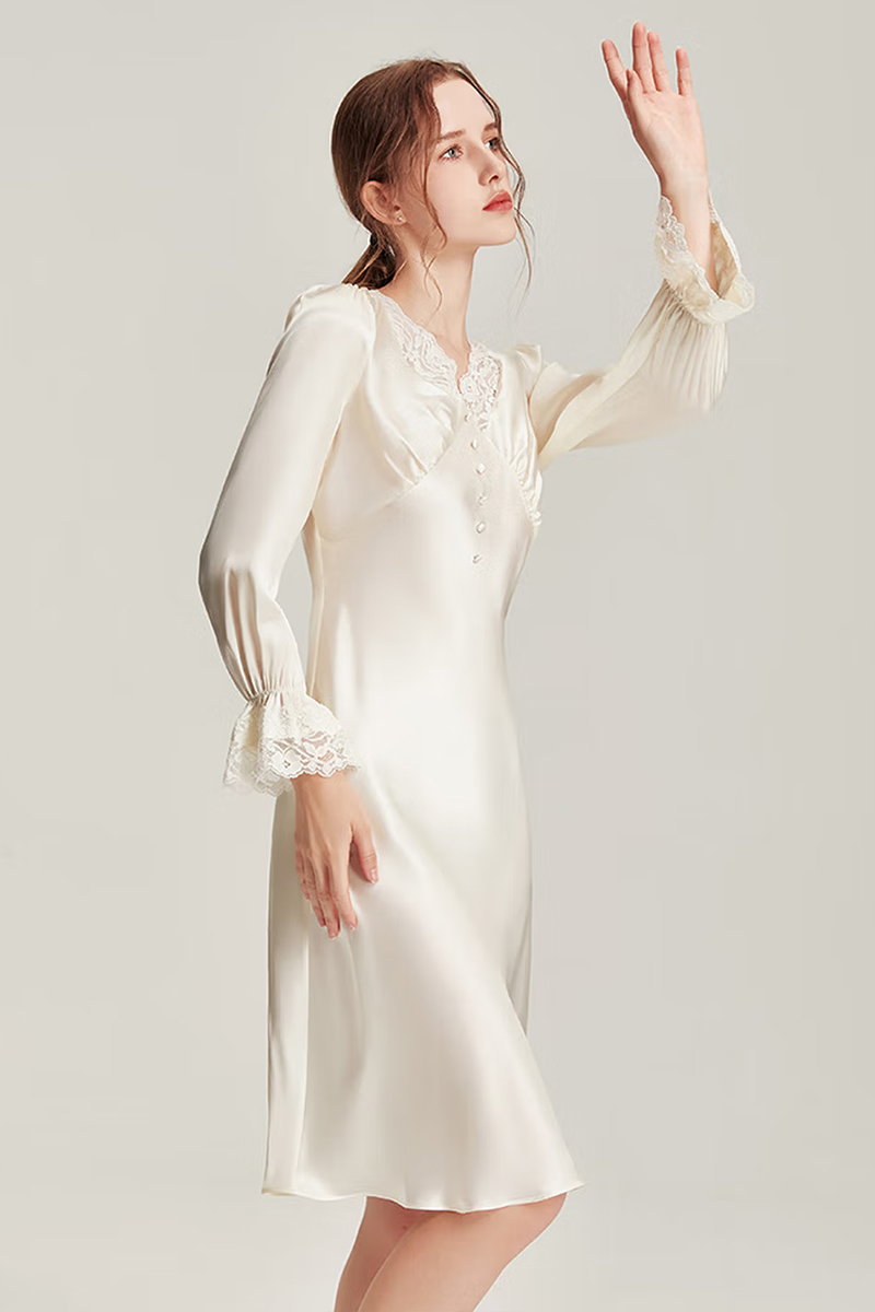 19 Momme Mulberry Silk Nightgown White Lace Patchwork Sleep Dress