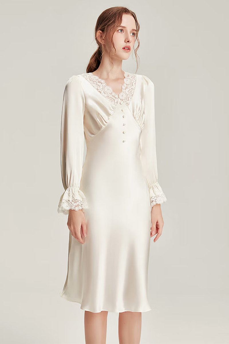 19 Momme Mulberry Silk Nightgown White Lace Patchwork Sleep Dress