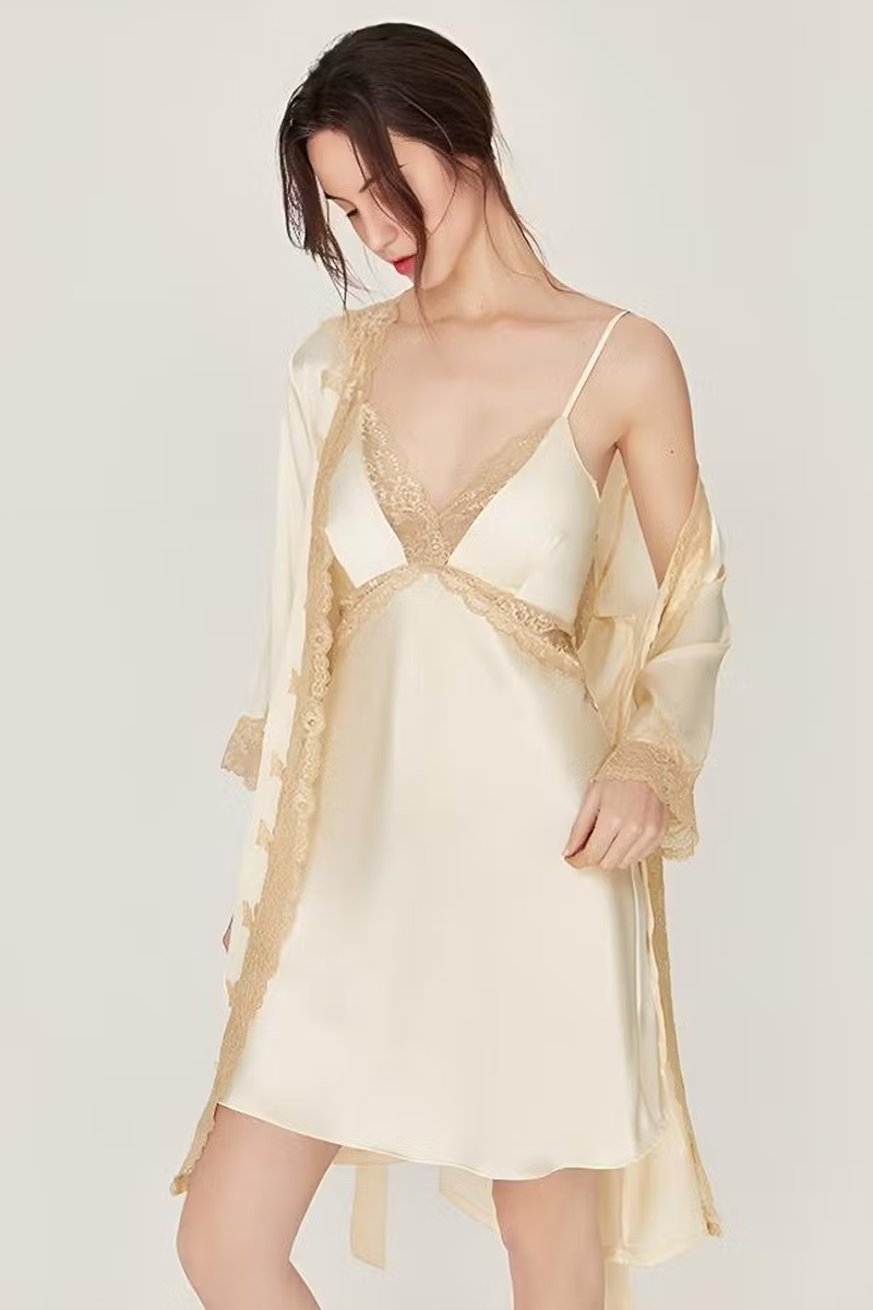 100% Mulberry Silk Lingerie Set Lace Slip Dress with Built-in Bra & Nightgown & Robe Set 2Pcs