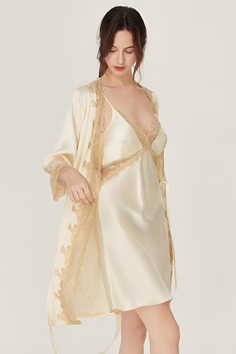 100% Mulberry Silk Lingerie Set Lace Slip Dress with Built-in Bra & Nightgown & Robe Set 2Pcs