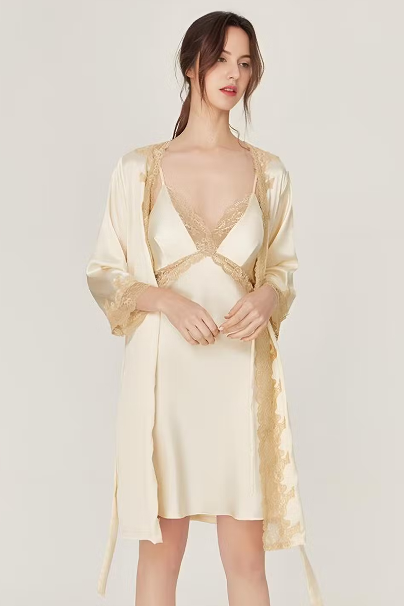 100% Mulberry Silk Lingerie Set Lace Slip Dress with Built-in Bra & Nightgown & Robe Set 2Pcs