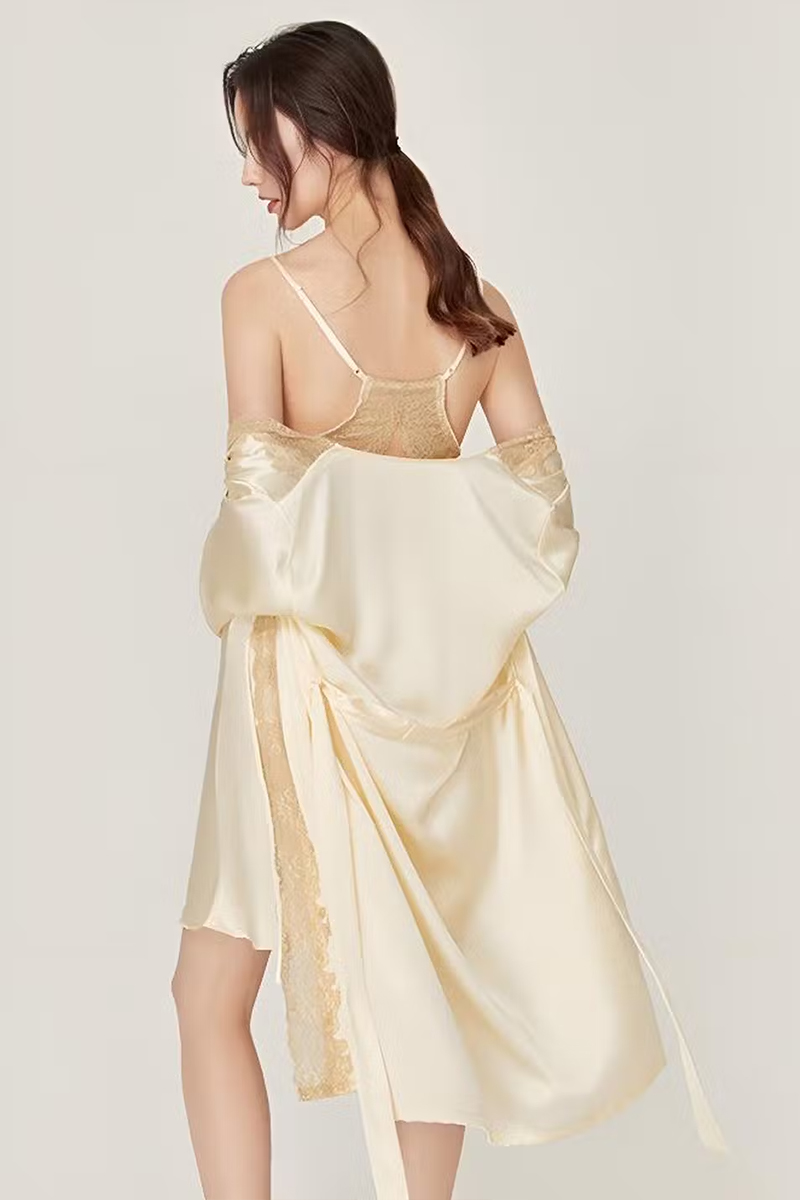 100% Mulberry Silk Lingerie Set Lace Slip Dress with Built-in Bra & Nightgown & Robe Set 2Pcs