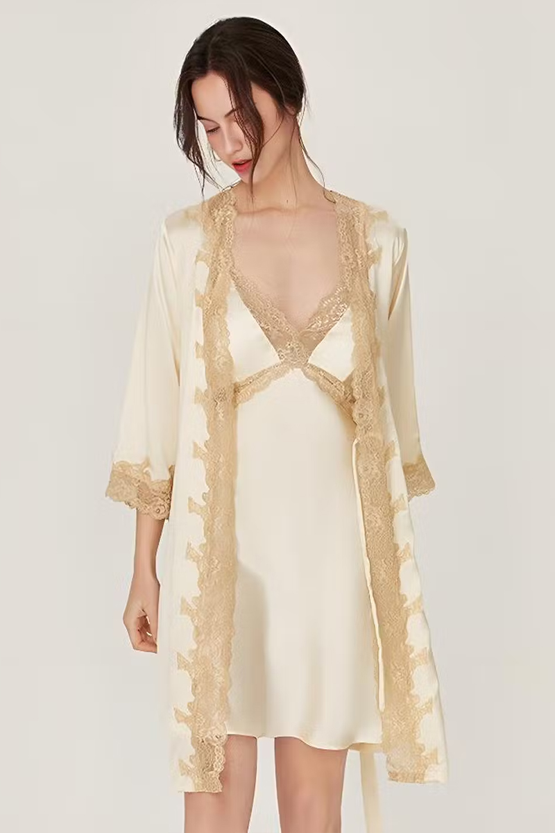 100% Mulberry Silk Lingerie Set Lace Slip Dress with Built-in Bra & Nightgown & Robe Set 2Pcs